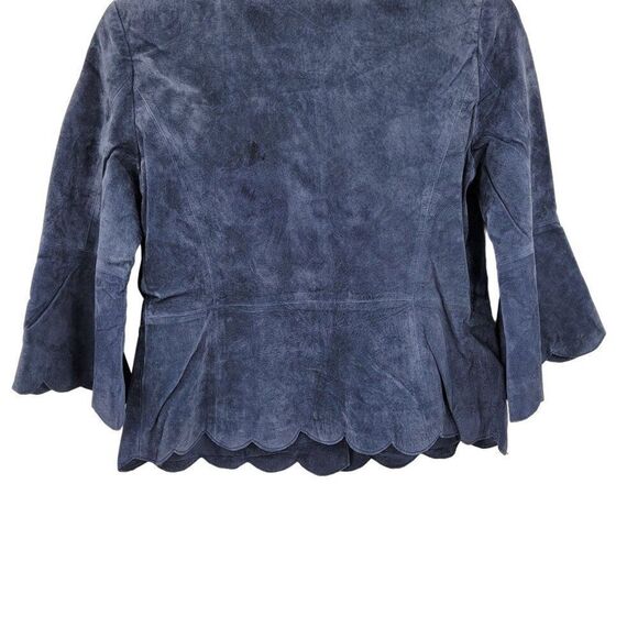 Vintage Suede Leather Scalloped Bell Cropped Blazer Jacket 12 Blue Shawl Peplum - Picture 9 of 11
